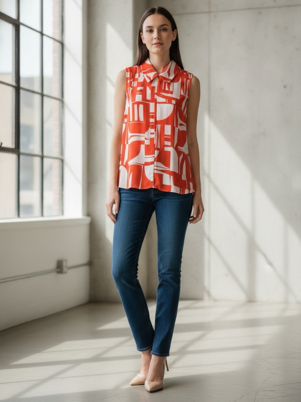 Cabi Kelly #6103 Geometric Abstract Sleeveless Collared Button Up Blouse 
XS